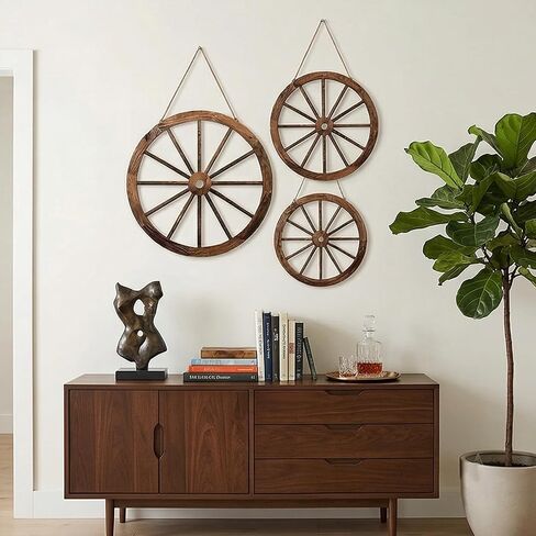 NIXNEHC 3 Pcs Wooden Wagon Wheel Decor 12/10/8 Inch Western Cowboy Party Decorations Vintage Rustic Wagon Wheels Rustic Yard Hanging Decorative Art for Garden Home Bar Garage in Saudi Arabia