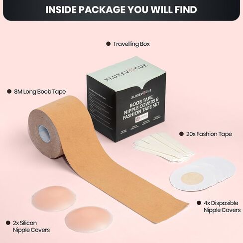 Boob Tape & Nipple Covers – 8M Lift Tape with a Silicone Covers Pair, 20 Clothing Strips & 4 Disposable Pasties for Backless, Strapless & Low-Cut Dresses in Saudi Arabia
