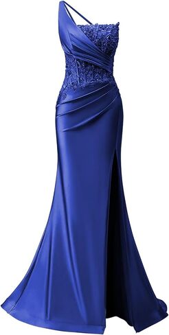 Mermaid Satin Prom Dresses Long with Slit One Shoulder Lace Formal Evening Party Gowns for Women in Saudi Arabia