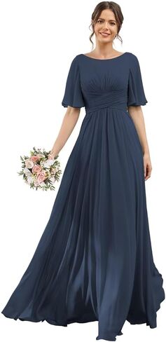 YOFF Short Sleeve Bridesmaid Dresses Long with Pocket A Line Formal Dress Ruffles Maxi Dresses YO005 in Saudi Arabia