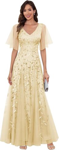 V-Neck Sequin Mother of The Bride Dresses for Women Long Tulle A-line Evening Formal Dress with Sleeves in Saudi Arabia
