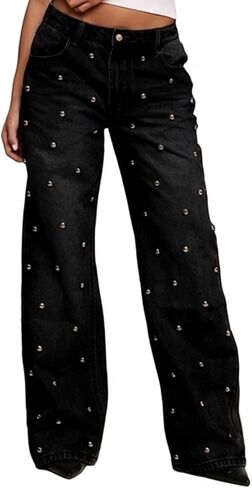 Famnbro Women Sparkly Jeans Y2K Dome Stud High Waisted Baggy Straight Wide Leg Bling Glitter Studded Denim Pants in Saudi Arabia