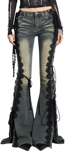 Y2K Punk Dragon Print Flare Jeans for Women Grunge Low Rise Baggy Trousers with PU Belts Retro Streetwear in Kuwait