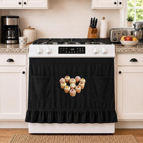 Black Farmhouse Oven Skirt Curtain with Pockets and Ruffle Trim | Stain-resistant, Cotton Polyester, Hook and Loop in Kuwait