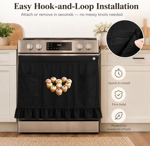Black Farmhouse Oven Skirt Curtain with Pockets and Ruffle Trim | Stain-resistant, Cotton Polyester, Hook and Loop in Kuwait