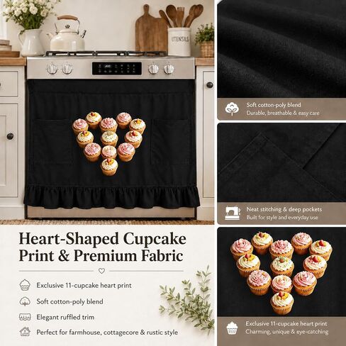 Black Farmhouse Oven Skirt Curtain with Pockets and Ruffle Trim | Stain-resistant, Cotton Polyester, Hook and Loop in Kuwait