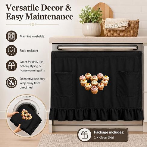Black Farmhouse Oven Skirt Curtain with Pockets and Ruffle Trim | Stain-resistant, Cotton Polyester, Hook and Loop in Kuwait