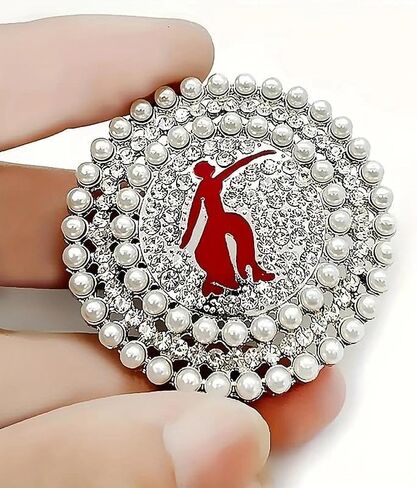 Women's Elegant Shiny Round Brooch - With Zirconia and Imitation Pearl Accents, Greek Letter Sorority Red Dancer's Corsage, Luxury Fashion Dress Jewelry Accessory in Kuwait