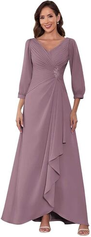 Women's Long Ruched Chiffon Mother of The Bride Dresses for Wedding 3/4 Sleeve Evening Formal Gown Party with Ruffles in Saudi Arabia