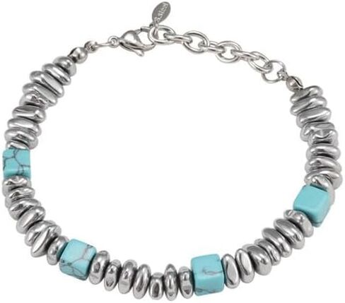 Men's Stainless Steel Bracelet, Created Turquoise & Irregular Silver Alloy Beaded Bracelet, Handmade Strand Jewelry, Minimalist Punk Hip Hop Trendy Accessories for Men in Saudi Arabia