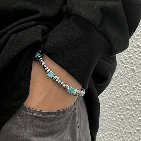 Men's Stainless Steel Bracelet, Created Turquoise & Irregular Silver Alloy Beaded Bracelet, Handmade Strand Jewelry, Minimalist Punk Hip Hop Trendy Accessories for Men in Saudi Arabia