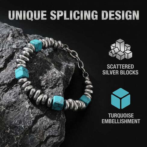 Men's Stainless Steel Bracelet, Created Turquoise & Irregular Silver Alloy Beaded Bracelet, Handmade Strand Jewelry, Minimalist Punk Hip Hop Trendy Accessories for Men in Saudi Arabia