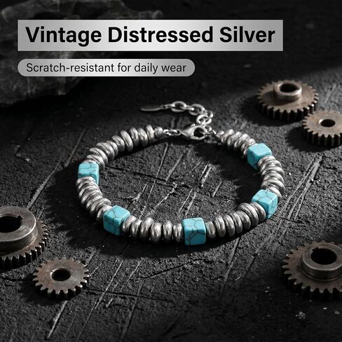 Men's Stainless Steel Bracelet, Created Turquoise & Irregular Silver Alloy Beaded Bracelet, Handmade Strand Jewelry, Minimalist Punk Hip Hop Trendy Accessories for Men in Saudi Arabia