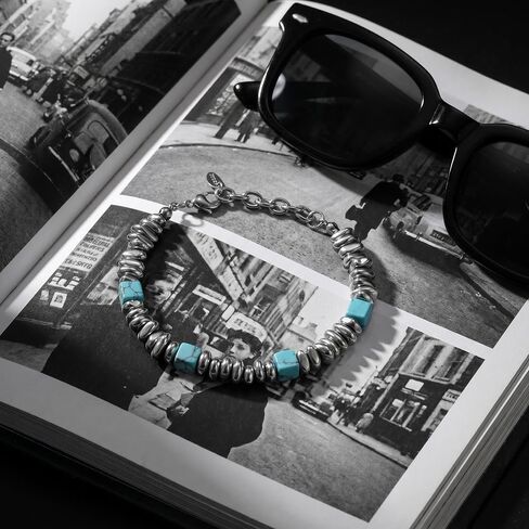 Men's Stainless Steel Bracelet, Created Turquoise & Irregular Silver Alloy Beaded Bracelet, Handmade Strand Jewelry, Minimalist Punk Hip Hop Trendy Accessories for Men in Saudi Arabia