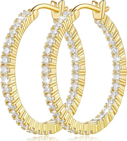 Gold Hoop Earrings 14K Gold Hoop Earrings for Women Lightweight 14 Karat Hoops Earring Dual-sided Cubic Zirconia Womens Earring Hoops 20/30mm in Saudi Arabia
