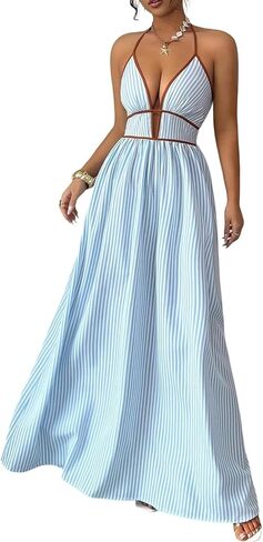 Women's Summer Sleeveless Striped Smocked Flowy Swing Maxi Halter V Neck A Line Casual Long Beach Vacation Dresses in Saudi Arabia