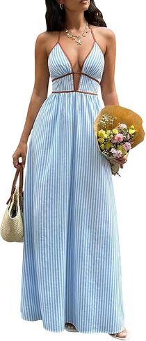 Women's Summer Sleeveless Striped Smocked Flowy Swing Maxi Halter V Neck A Line Casual Long Beach Vacation Dresses in Saudi Arabia