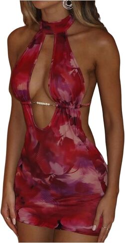 GORGLITTER Women's Open Back Halter Dress Jacquard Floral Sexy Club Cocktail Party Going Out Bodycon Mini Sundress in Kuwait