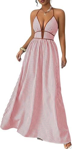 Women's Summer Sleeveless Striped Smocked Flowy Swing Maxi Halter V Neck A Line Casual Long Beach Vacation Dresses in Saudi Arabia