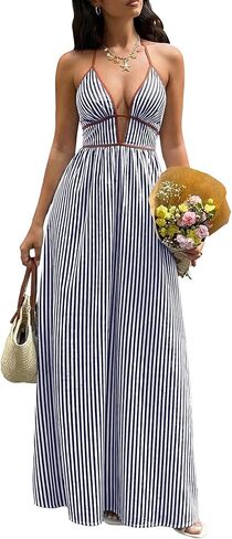 Women's Summer Sleeveless Striped Smocked Flowy Swing Maxi Halter V Neck A Line Casual Long Beach Vacation Dresses in Saudi Arabia