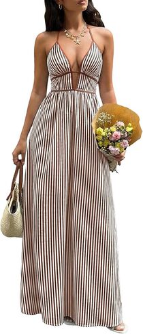 Women's Summer Sleeveless Striped Smocked Flowy Swing Maxi Halter V Neck A Line Casual Long Beach Vacation Dresses in Saudi Arabia