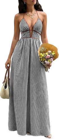 Women's Summer Sleeveless Striped Smocked Flowy Swing Maxi Halter V Neck A Line Casual Long Beach Vacation Dresses in Saudi Arabia