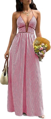 Women's Summer Sleeveless Striped Smocked Flowy Swing Maxi Halter V Neck A Line Casual Long Beach Vacation Dresses in Saudi Arabia