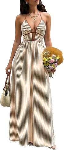 Women's Summer Sleeveless Striped Smocked Flowy Swing Maxi Halter V Neck A Line Casual Long Beach Vacation Dresses in Saudi Arabia