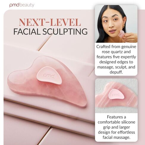 PMD Beauty Gua Sha - Massaging,Sculpting,and Depuffing Tool - Custom Design with Genuine Rose Quartz Stone and Silicone Grip - Reduce Tension & Inflammation in Kuwait