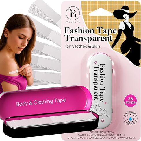 BLOOMORA Fashion Tape – Double Sided Clothing Adhesive for Women & Men – 36 Transparent Strips (3" x 0.5") – Waterproof Adhesive Strips for Body & Dress – Fabric Tape - Metal Box in Saudi Arabia