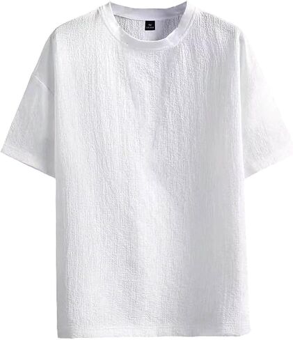 Mens Linen T Shirt Solid Color Crew Neck Short Sleeve Casual Loose Summer Breathable Lightweight Basic Top in Kuwait