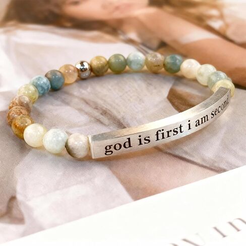 God is First i Am Second Bracelet for Women Natural Stone Obsidian Inspirational Healing Crystal Beaded Charm Adjustable Christian Faith Jewelry Gifts for Stress Relief in Saudi Arabia