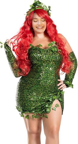 Women Halloween Cospaly Costume Deluxe Green Ivy Dress Fake Leaves Sequin Dress with Gloves+Headwear Set in Saudi Arabia