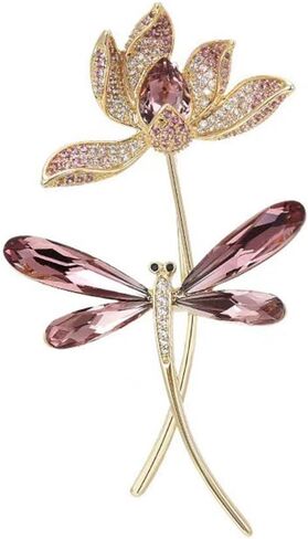Elegant Lotus Flower Dragonfly Brooch Pin for Women Men Gold-Tone Plated CZ Rhinestone Floral Lapel Pin Sparkling Corsage Scarf Clip Clothing Hat Bag Accessories Fashion Jewelry for Mom Wife in Kuwait