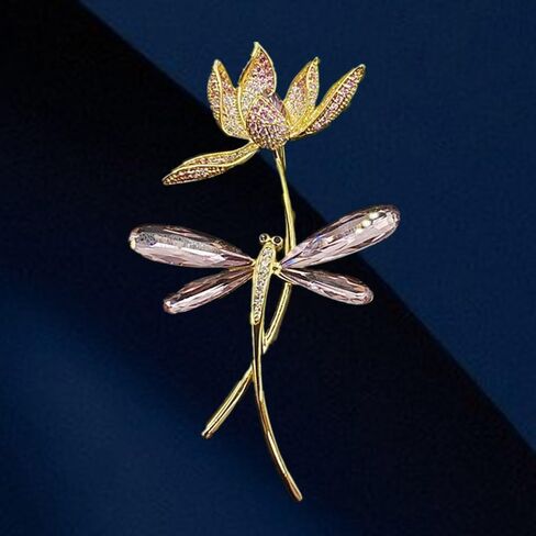 Elegant Lotus Flower Dragonfly Brooch Pin for Women Men Gold-Tone Plated CZ Rhinestone Floral Lapel Pin Sparkling Corsage Scarf Clip Clothing Hat Bag Accessories Fashion Jewelry for Mom Wife in Kuwait