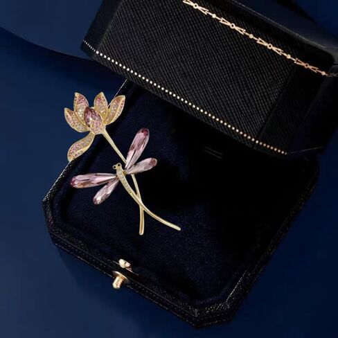 Elegant Lotus Flower Dragonfly Brooch Pin for Women Men Gold-Tone Plated CZ Rhinestone Floral Lapel Pin Sparkling Corsage Scarf Clip Clothing Hat Bag Accessories Fashion Jewelry for Mom Wife in Kuwait