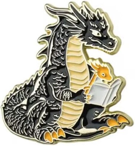 Dragon Reading Book Enamel Pin, Black and Gold Fantasy Lapel Pin, 4cm x 3.77cm, 1.5 inches in Saudi Arabia