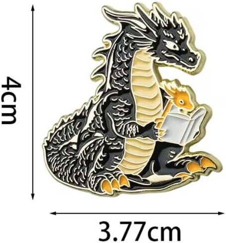Dragon Reading Book Enamel Pin, Black and Gold Fantasy Lapel Pin, 4cm x 3.77cm, 1.5 inches in Saudi Arabia