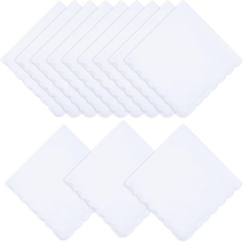 12 Pcs White Cotton Handkerchiefs for Women 11.8"x11.8" Pocket Hankies Scalloped Square Towel for Wedding Party Gift Favor in Kuwait