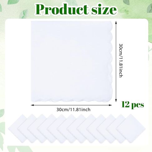 12 Pcs White Cotton Handkerchiefs for Women 11.8"x11.8" Pocket Hankies Scalloped Square Towel for Wedding Party Gift Favor in Kuwait