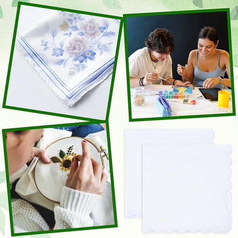 12 Pcs White Cotton Handkerchiefs for Women 11.8"x11.8" Pocket Hankies Scalloped Square Towel for Wedding Party Gift Favor in Kuwait