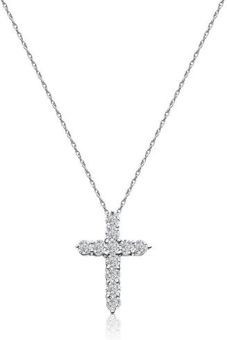 14K Gold Lab-Grown Diamond Cross Necklace for Women & Men, 0.1–2.5 CTW, F-G Color VS Clarity, 17" Sterling Silver Chain, Religious Pendant Jewelry Gift in Saudi Arabia