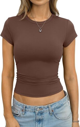 Eachyes Womens Short Sleeve T Shirts Casual Crewneck Crop Tops Basic Slim Fit Tees Cute Y2k Summer Gym Workout Clothes in Saudi Arabia