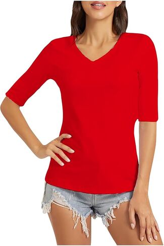 Aymnlox Women Basic Tops Solid Color Short Sleeve V Neck Shirts Casual Half Sleeve Slim Fit Tees Daily Weekend Outings in Saudi Arabia