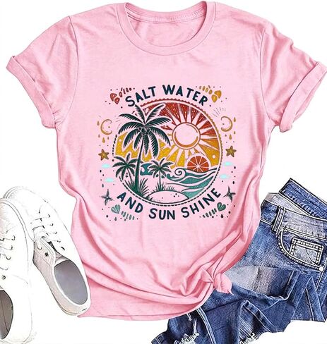 Summer Shirt for Women Saltwater Seashells Sunshine Ocean T Shirt Beach Vacation Cute Graphic Outfit Short Sleeve Tee Top in Saudi Arabia