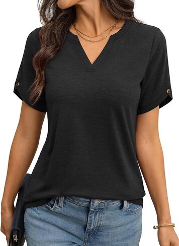 TICTICMIMI Womens V Neck Shirts Petal Short Sleeve Blouse Tops Casual Basic Tunic Relaxed Loose Fit Tee 2026 Spring Summer in Saudi Arabia