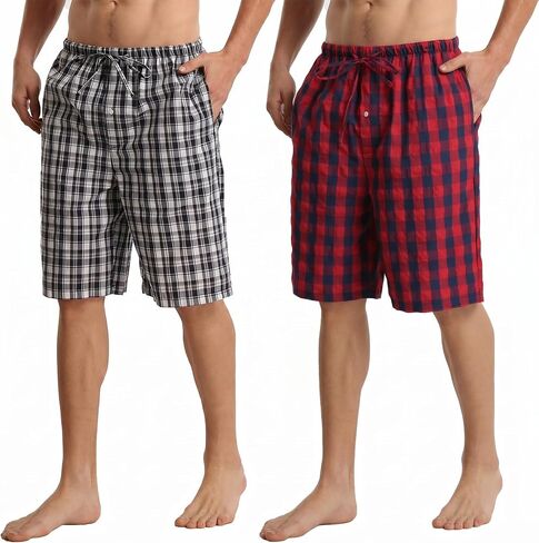 Mens Summer Pajama Shorts,2 Pack Soft Cotton Sleep Shorts for Men Plaid Loung Short Sets with Pockets Drawstring Pj Bootoms in Kuwait