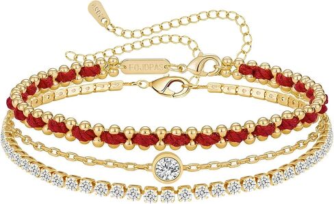 14K Gold Plated Bracelets for Women 2 Pcs Set - Red String & Cubic Zirconia Tennis Bracelet, Layered Stackable Adjustable Wristbands, Hypoallergenic Handmade Jewelry Gifts for Mom Wife Her in Saudi Arabia