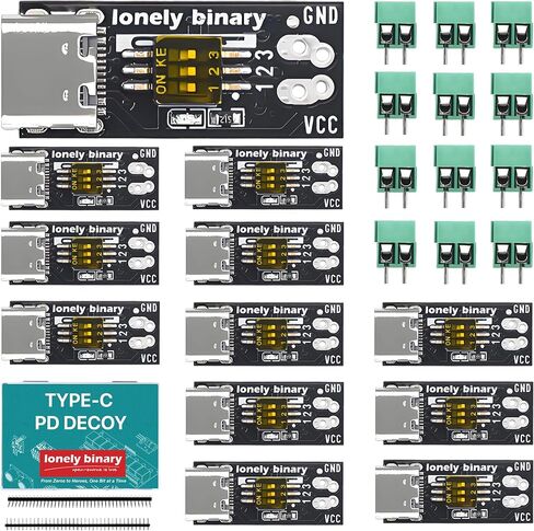 Lonely Binary 12-Pack USB-C PD Trigger 100W Decoy DIP 5-20V Screw Terminal | PD 3.0/QC, fixed 5V/9V/12V/15V/20V via DIP switch; screw terminals; breadboard pins; for Arduino, ESP32; laptop, router, LED in Saudi Arabia
