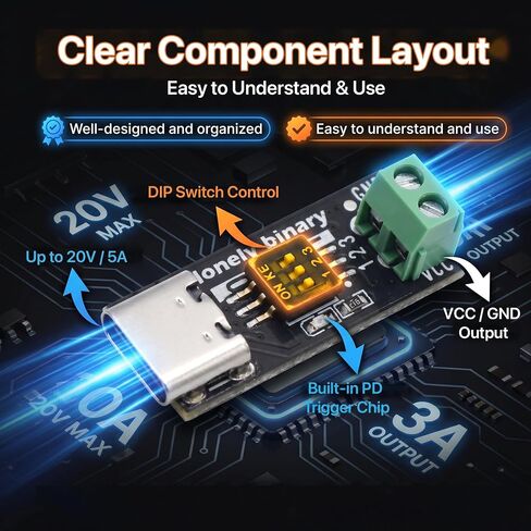 Lonely Binary 12-Pack USB-C PD Trigger 100W Decoy DIP 5-20V Screw Terminal | PD 3.0/QC, fixed 5V/9V/12V/15V/20V via DIP switch; screw terminals; breadboard pins; for Arduino, ESP32; laptop, router, LED in Saudi Arabia